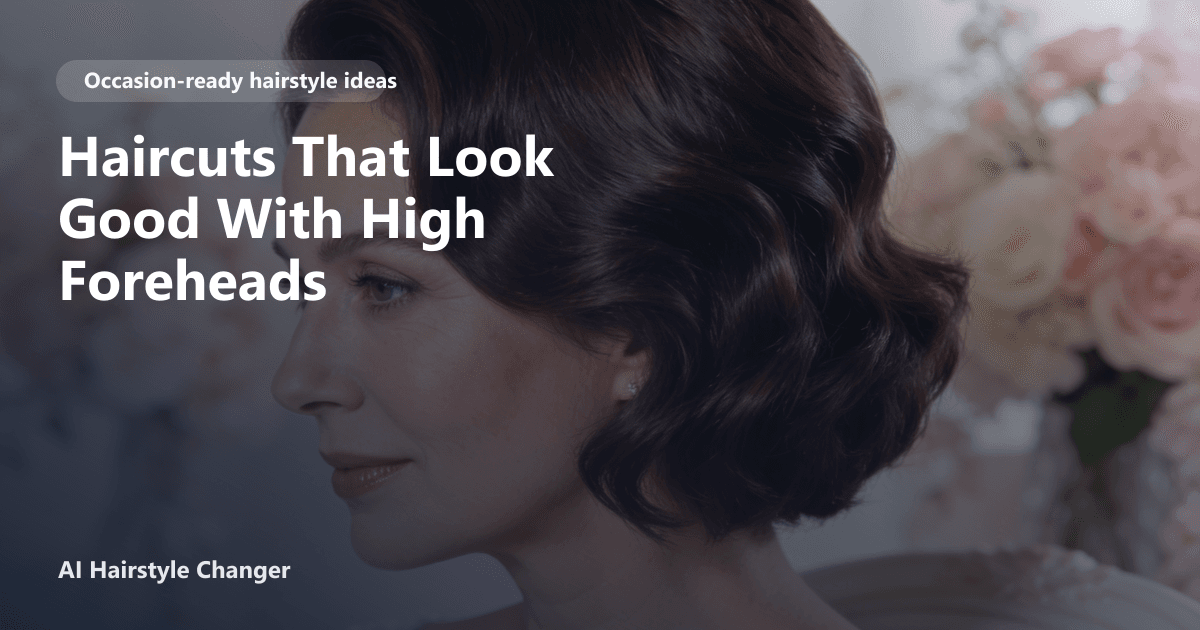 Occasion-ready hairstyle with polished texture and soft face framing, with "Haircuts That Look Good With High Foreheads" title overlay.