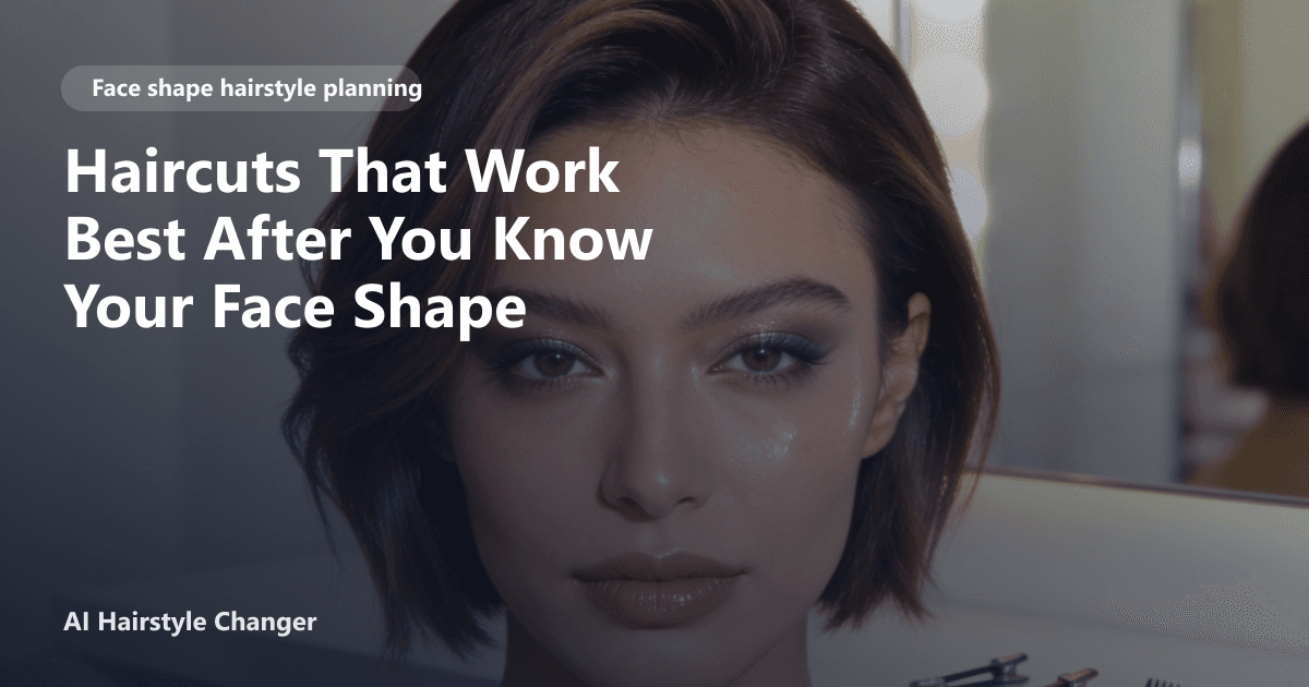 Portrait lineup showing haircut directions that flatter different face shapes, with "Haircuts That Work Best After You Know Your Face.