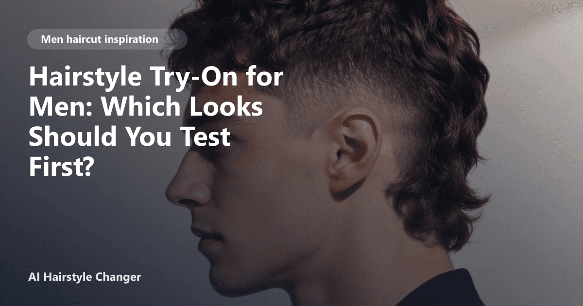 A man with thick wavy hair trying on four different men's hairstyles using a digital interface, with the page title overlaid in bold text.