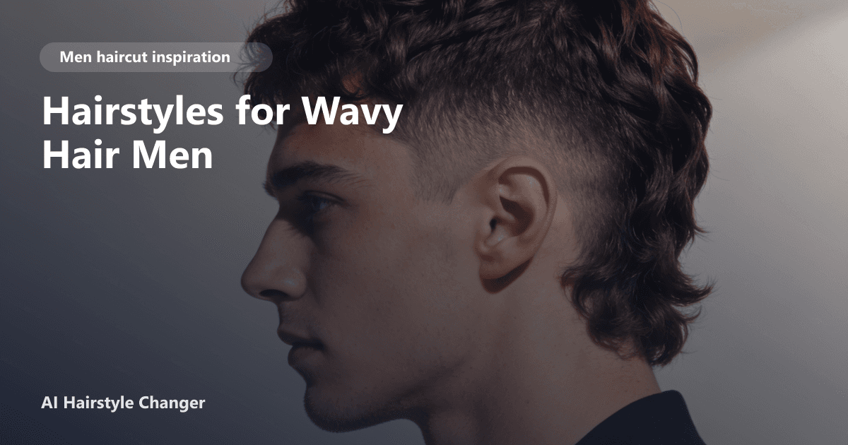 A man with natural wavy hair styled in a textured medium-length cut, looking confident; overlaid with the page title 'Hairstyles for Wavy Hair Men'.