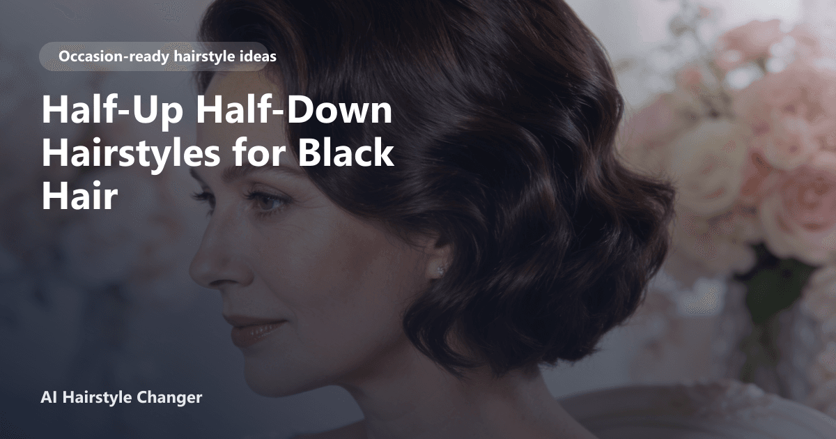 Occasion-ready hairstyle with polished texture and soft face framing, with "Half-Up Half-Down Hairstyles for Black Hair" title overlay.