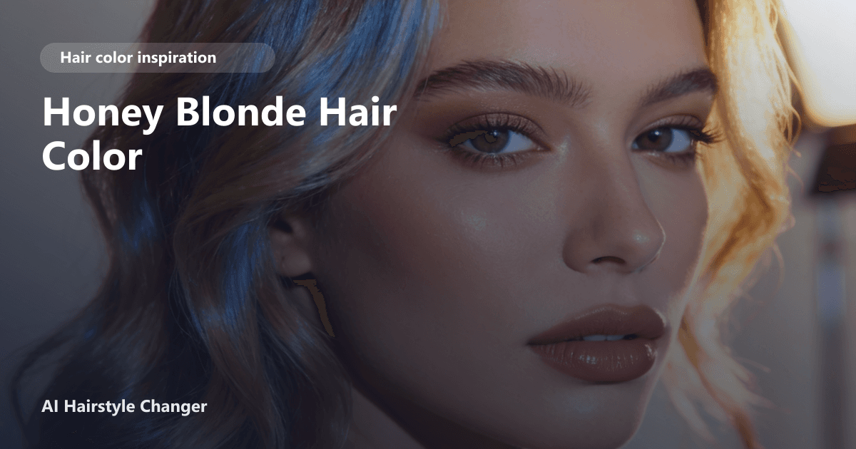 Close-up portrait with dimensional blonde tones and "Honey Blonde Hair Color" title overlay.