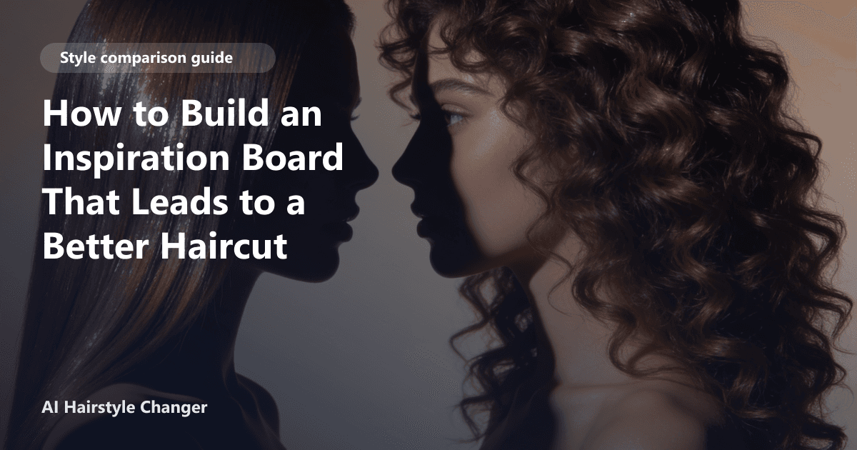 A woman with shoulder-length layered hair studies a collage of diverse haircut styles on a digital tablet, planning her next salon look.