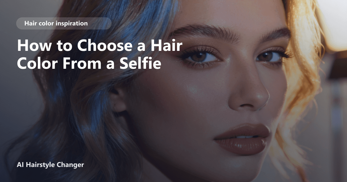 Close-up portrait with dimensional multi-tonal hair color and "How to Choose a Hair Color From a Selfie" title overlay.