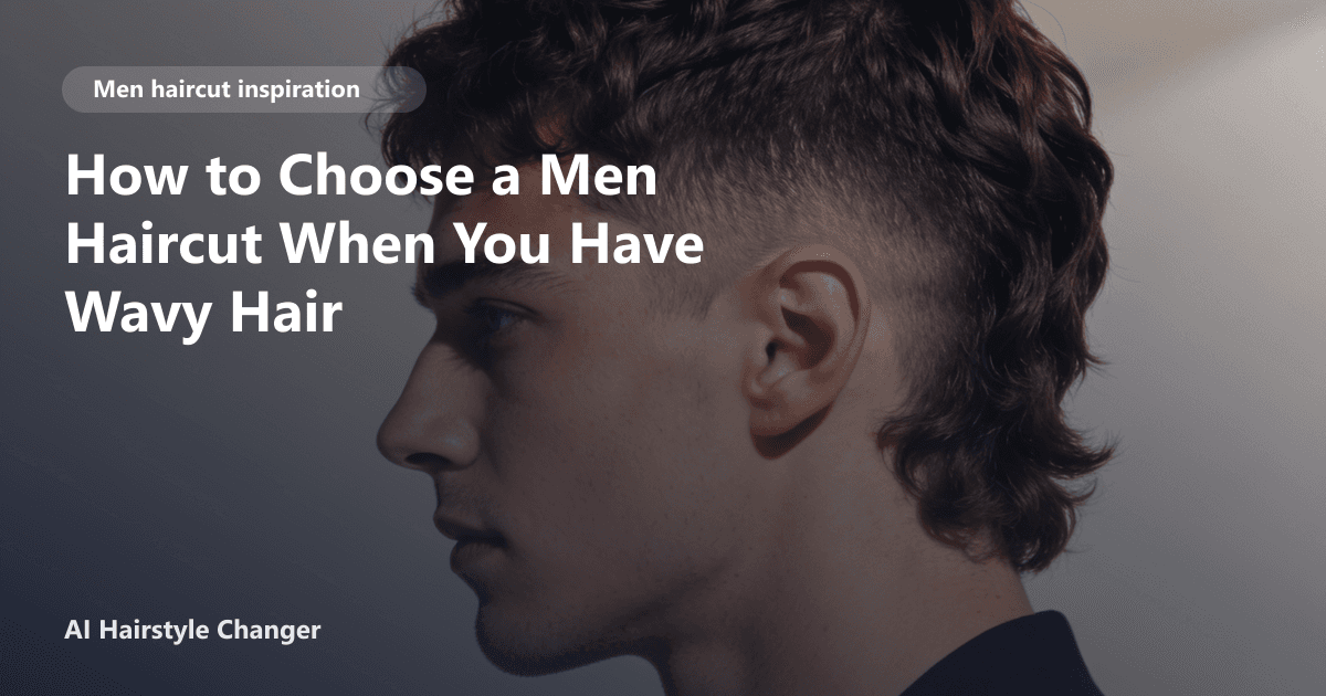 Young man with medium-length wavy hair styled in a textured quiff, looking in the mirror at different haircut options, with page title text overlay.