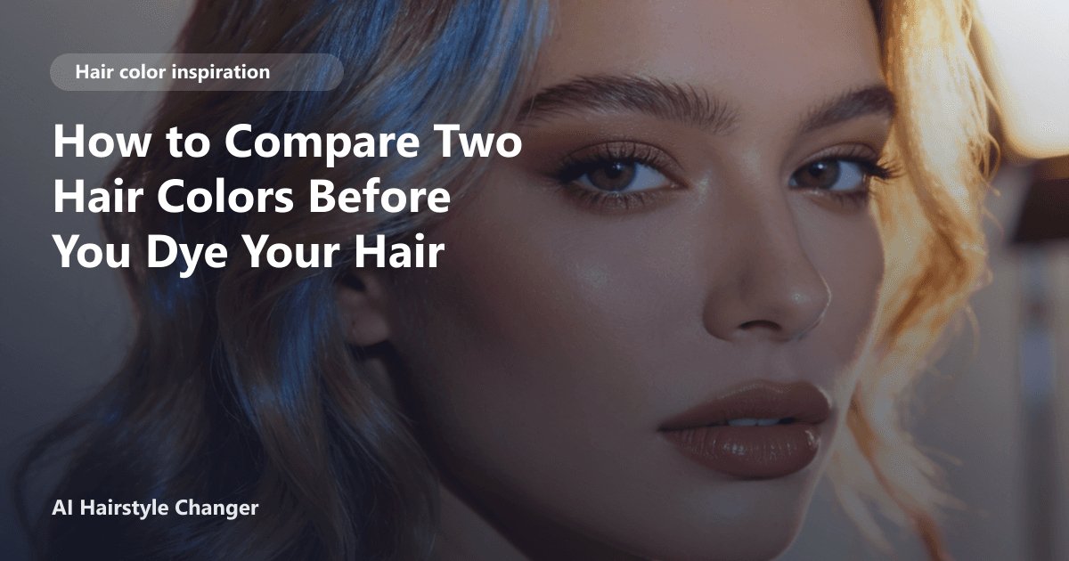 Close-up portrait with dimensional multi-tonal hair color and "How to Compare Two Hair Colors Before You Dye Your Hair" title overlay.