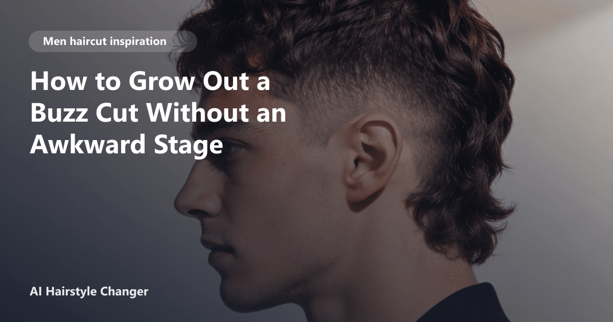 A man with a grown-out buzz cut transitioning into a textured low taper fade, with subtle page title text overlay.