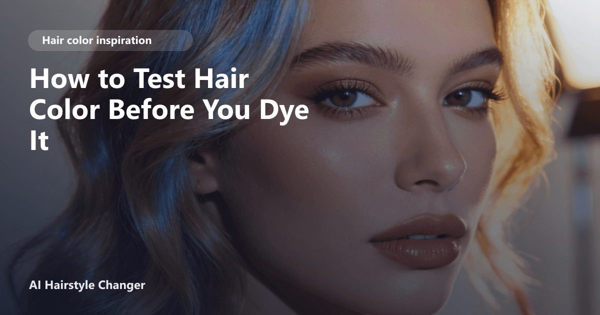 Close-up beauty portrait with dimensional multi-tonal hair color and "How to Test Hair Color Before You Dye It" title overlay.