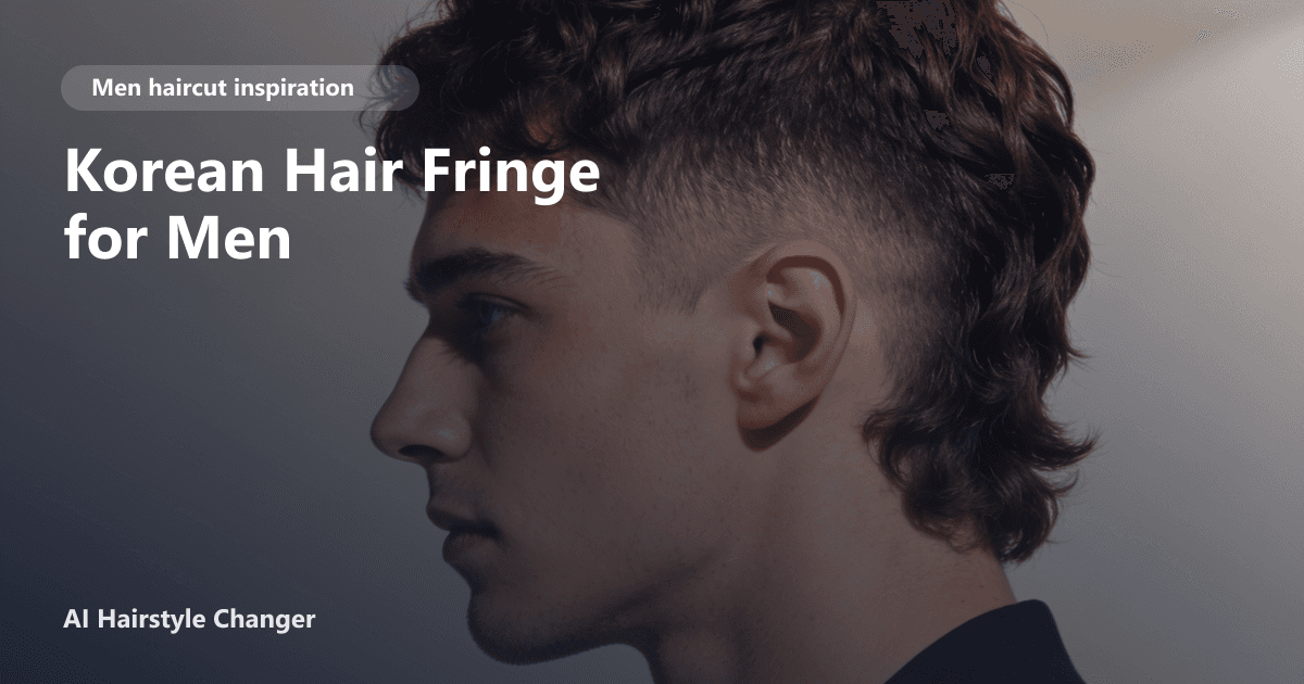 Young man with a textured Korean fringe hairstyle, soft layers and side-swept bangs, styled with volume; page title text overlaid at the top.