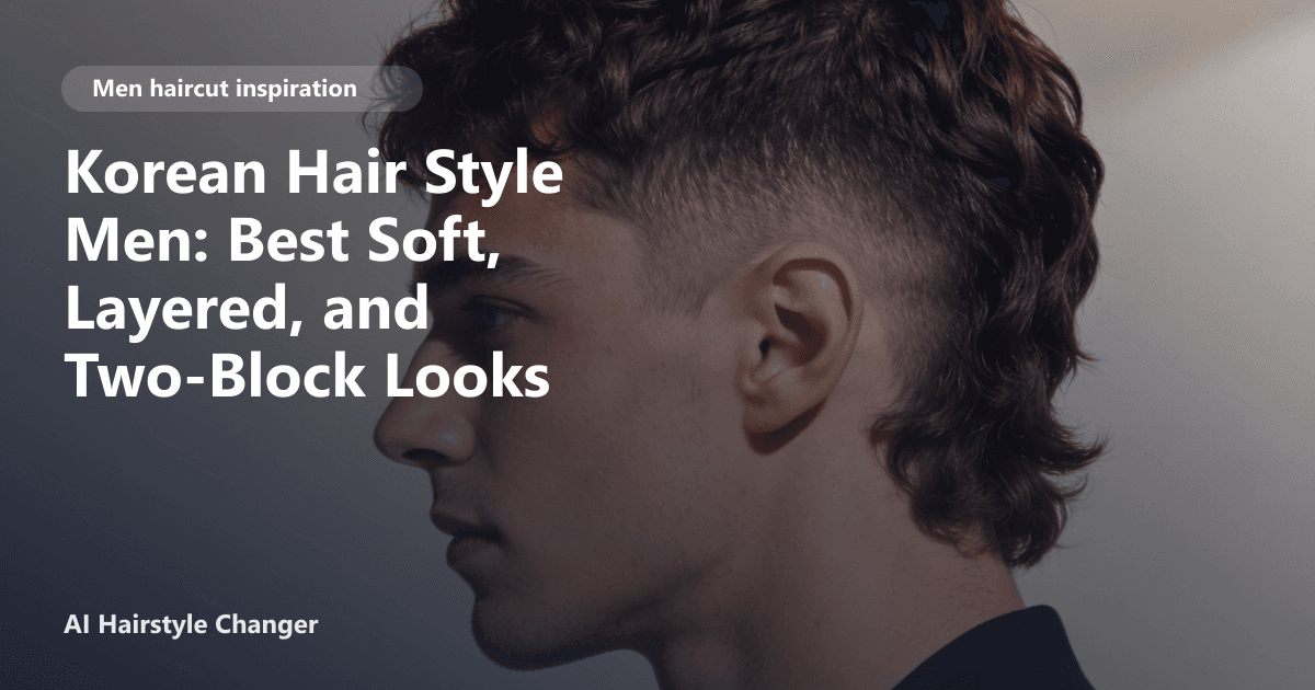 Modern men's haircut with defined shape, clean sides, and natural texture, with "Korean Hair Style Men Best Soft, Layered, and Two-Block.