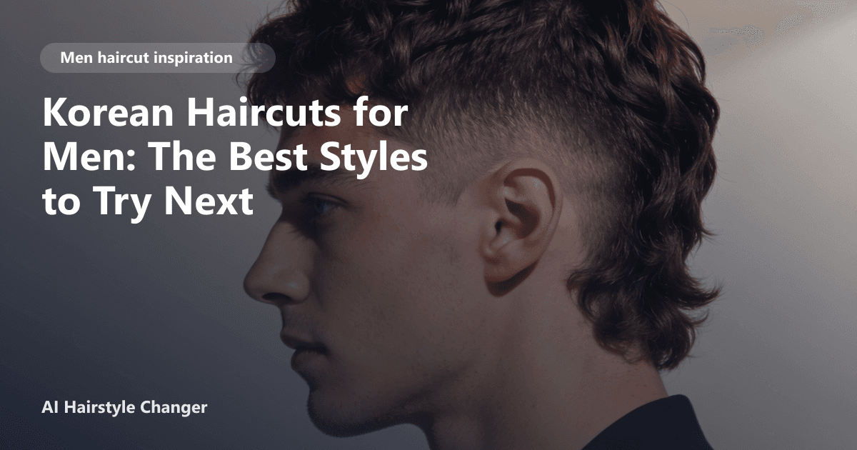 Young man with a textured Korean two block haircut and soft fringe, styled for thick straight hair, with page title text overlay.