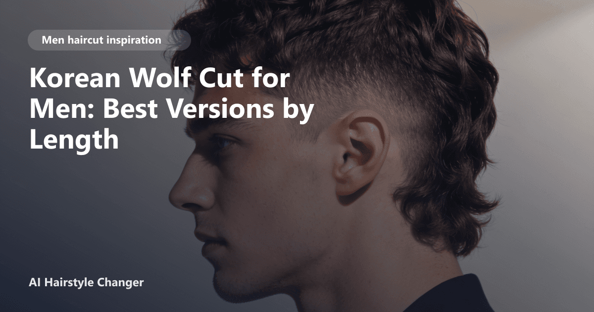 Young man with a modern Korean wolf cut, featuring distinct layers and textured fringe, styled at medium length, with the page title overlaid.
