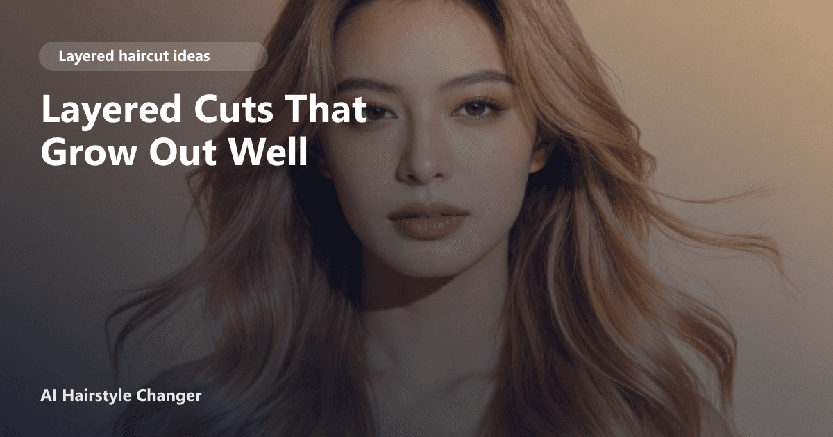 Layered haircut with visible movement, soft face framing, and salon polish, with "Layered Cuts That Grow Out Well" title overlay.