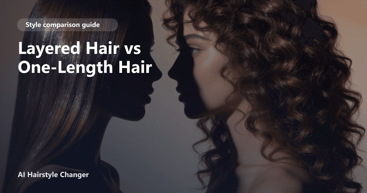 A side-by-side comparison of a woman with layered hair and the same woman with sleek one-length hair, highlighting the contrast in shape and movement.