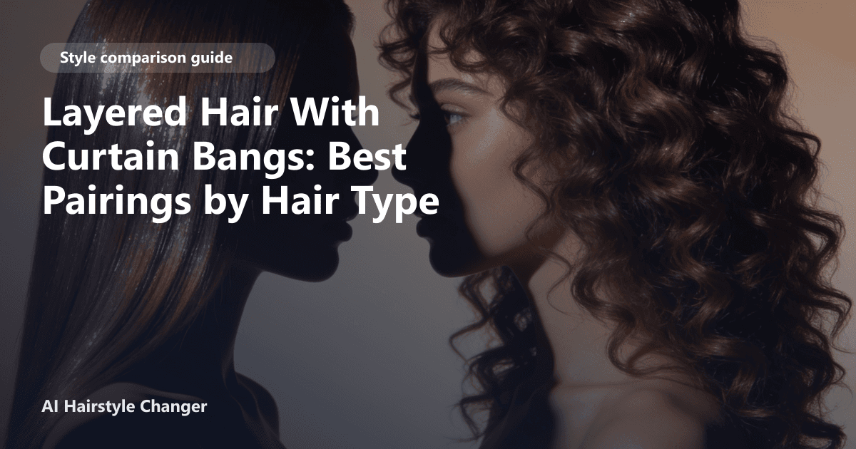 Woman with medium-length layered hair and soft curtain bangs, styled for volume, with page title text overlayed in the lower corner.