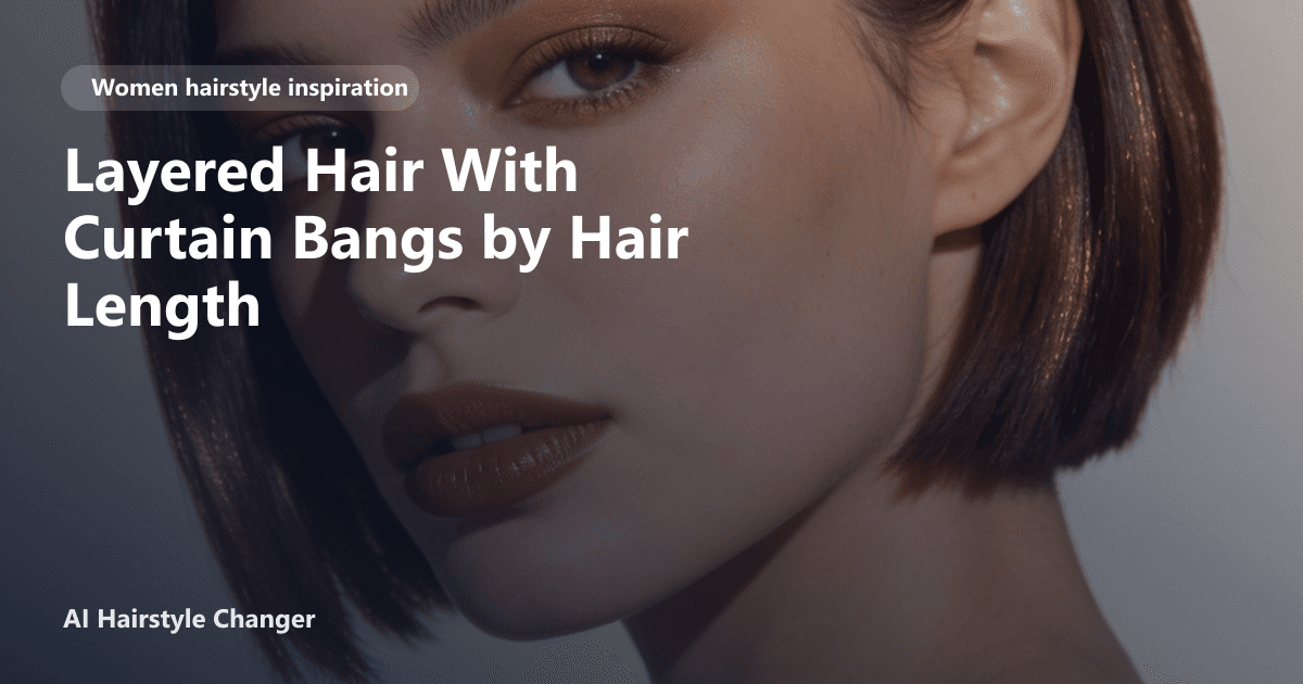 Woman with layered hair and curtain bangs, styled at shoulder length, soft face-framing layers visible, with subtle page title overlay.