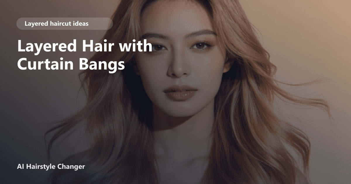 Woman with long layered hair and curtain bangs, soft face-framing layers, and natural movement, with the page title overlaid in modern font.