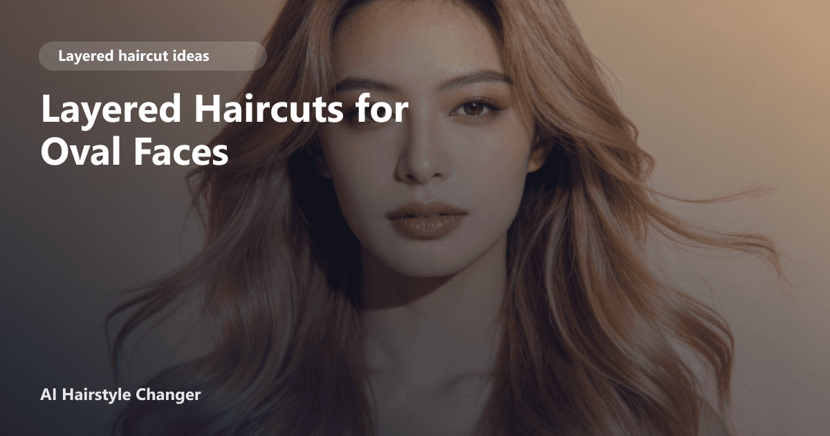 Layered haircut with visible movement, soft face framing, and salon polish, with "Layered Haircuts for Oval Faces" title overlay.