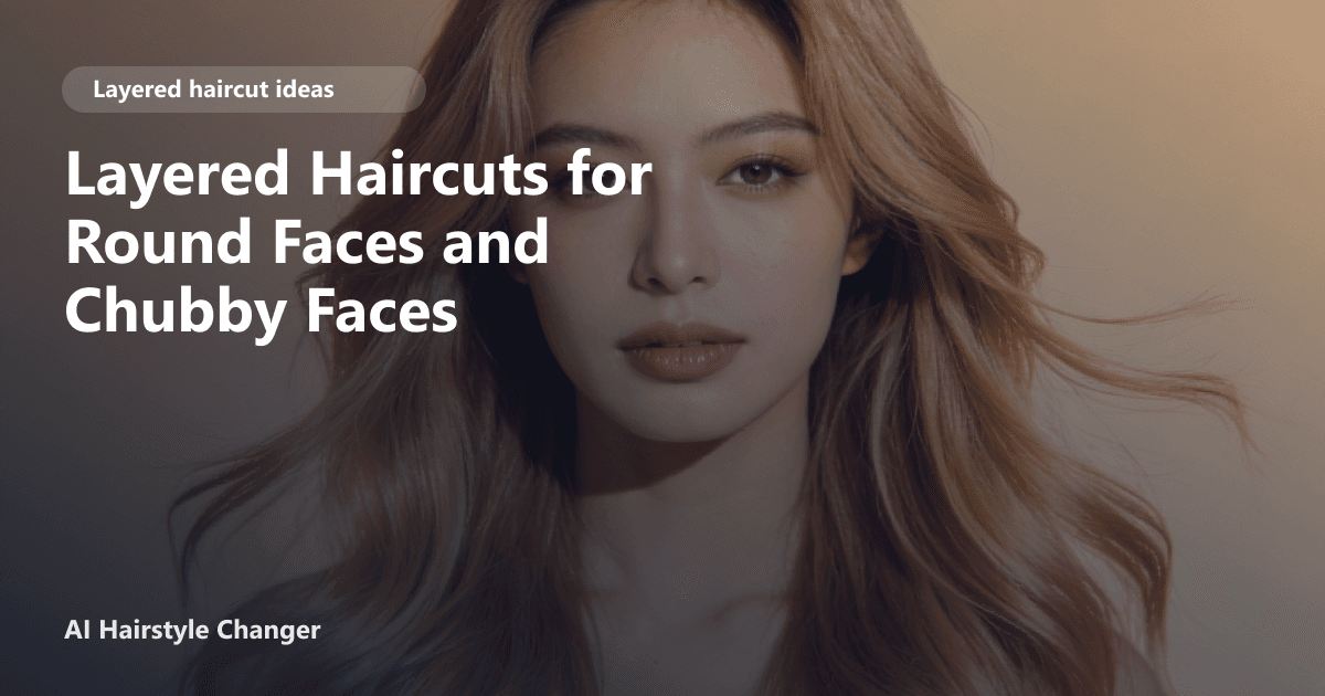 Woman with a round face wearing a modern layered haircut with soft face-framing layers and subtle volume, smiling in natural light