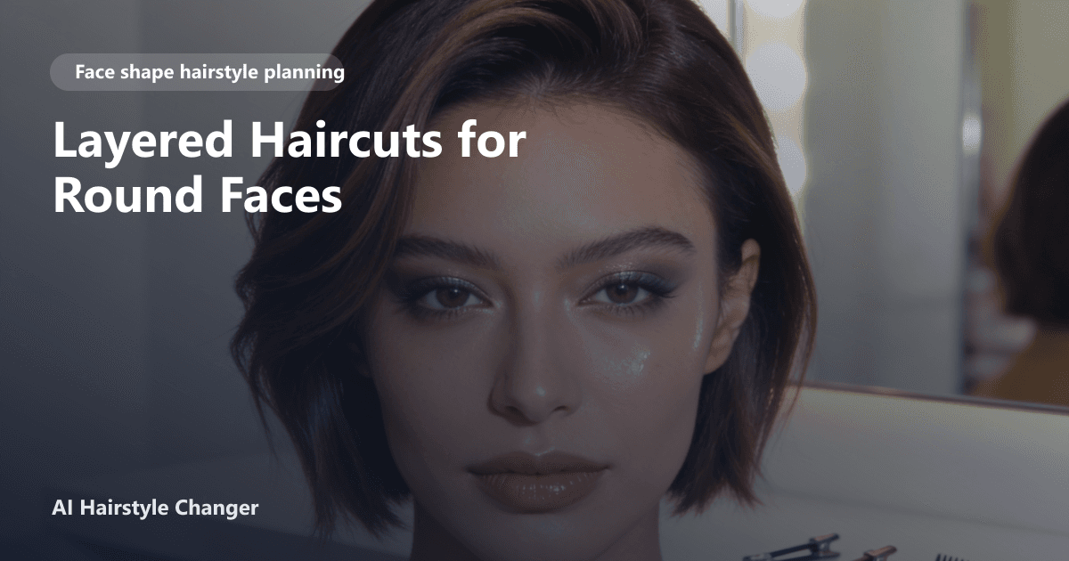 Portrait lineup showing haircut directions that flatter different face shapes, with "Layered Haircuts for Round Faces" title overlay.