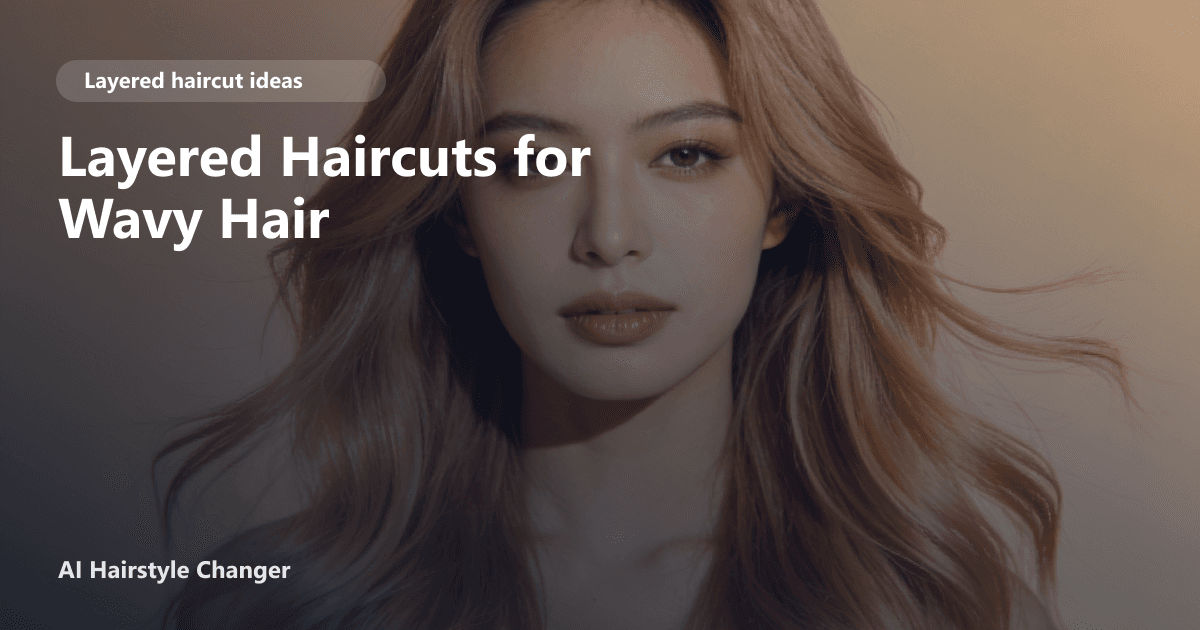 Layered haircut with visible movement, soft face framing, and salon polish, with "Layered Haircuts for Wavy Hair" title overlay.