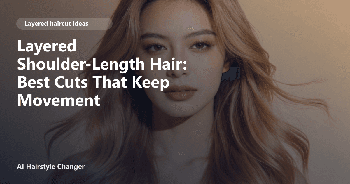 Layered haircut with visible movement, soft face framing, and salon polish, with "Layered Shoulder-Length Hair Best Cuts That Keep.