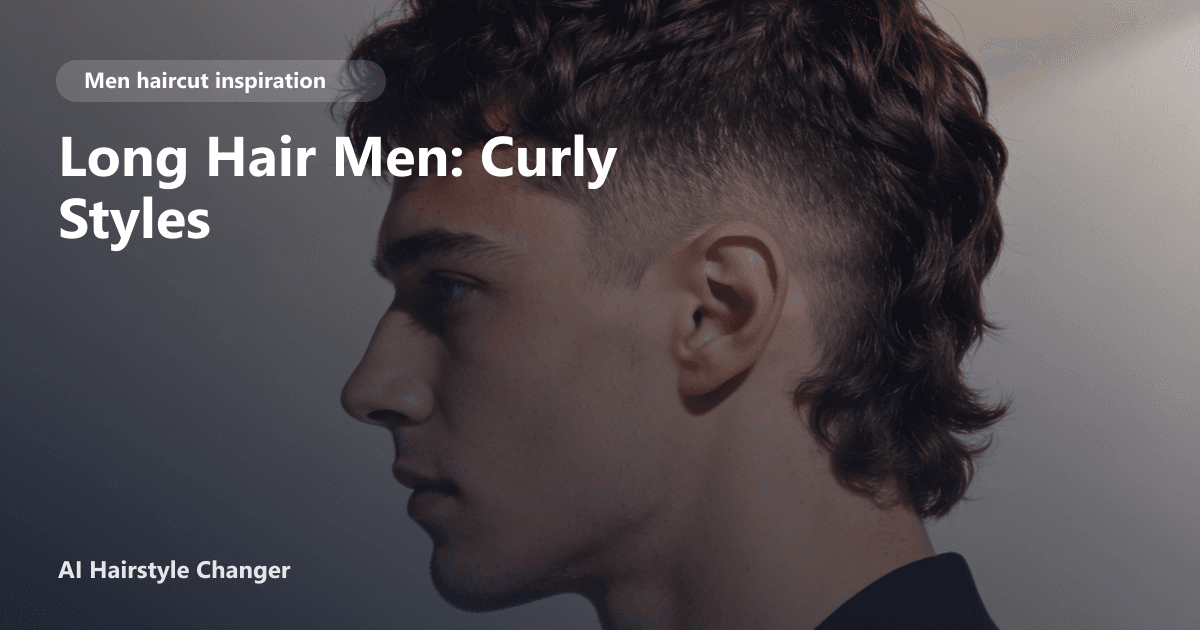 Young man with long, defined curly hair styled in layers, natural volume and side part, with 'Long Hair Men: Curly Styles' title overlay