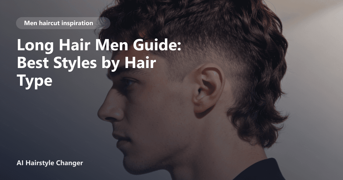 Editorial cover showing long hairstyles for men across straight, wavy, and curly hair types