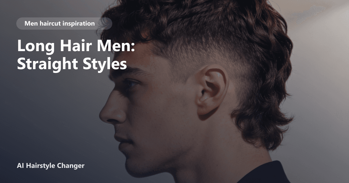 Young man with long, straight hair styled in layers and a center part, standing outdoors. Overlaid text reads: Long Hair Men: Straight Styles.