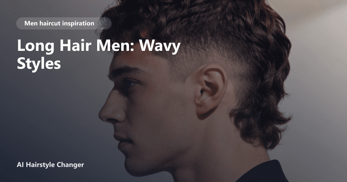 Man with long, wavy hair styled in loose layers, subtle volume at the crown, and natural movement, with 'Long Hair Men: Wavy Styles' text overlay.