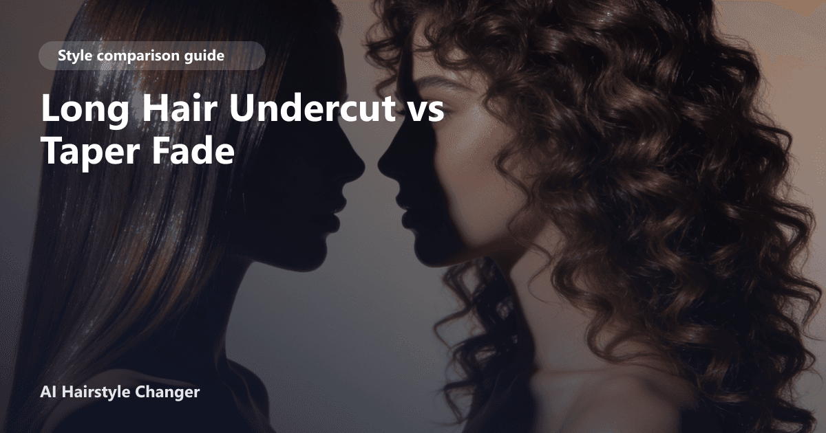 Side-by-side hairstyle comparison showing the shape difference between two haircut directions, with "Long Hair Undercut vs Taper Fade".