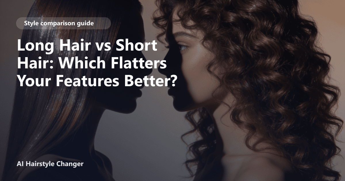 A woman with half her hair styled long and flowing, the other half cut into a short bob, visually comparing long and short haircuts.