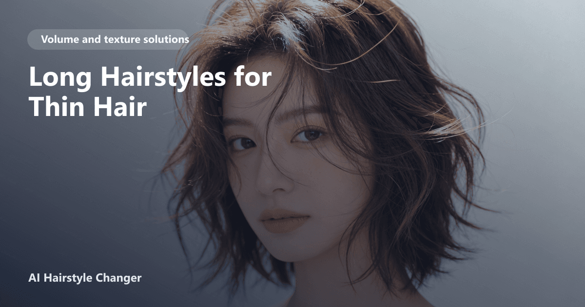 A woman with long, face-framing layered hair for thin hair, styled with soft waves and subtle highlights, overlaid with the page title text.