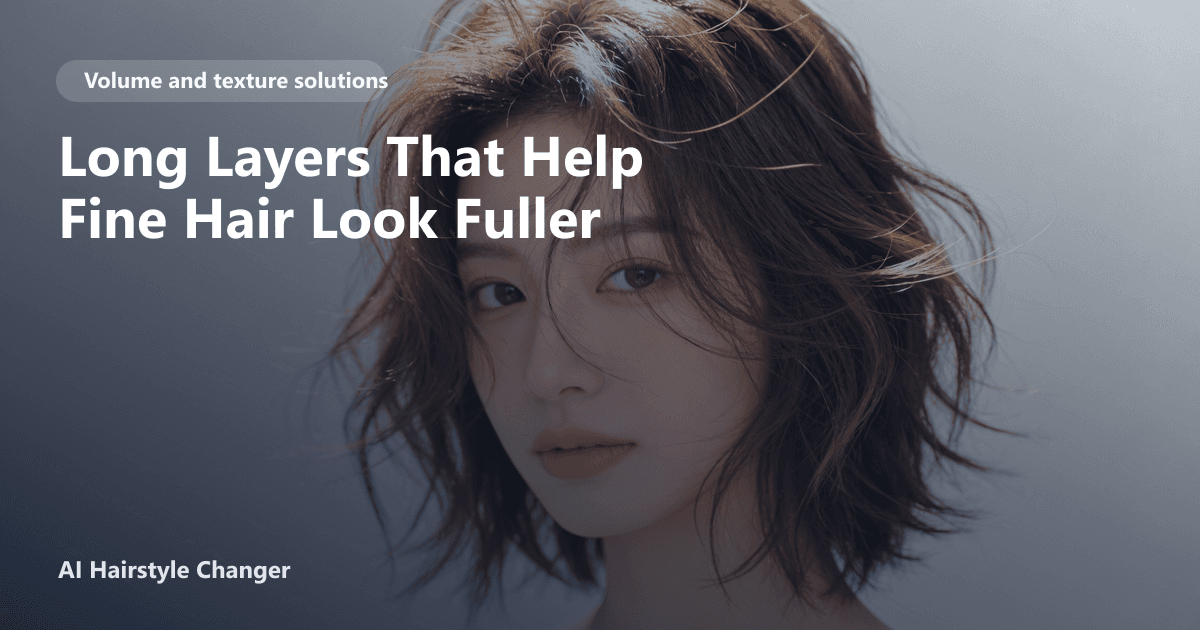 Volume-building haircut with lift at the crown and fuller ends, with "Long Layers That Help Fine Hair Look Fuller" title overlay.