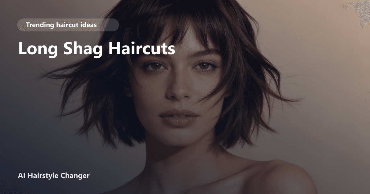 A woman with long, tousled shag haircut featuring face-framing layers and curtain bangs, styled in a modern, voluminous way.