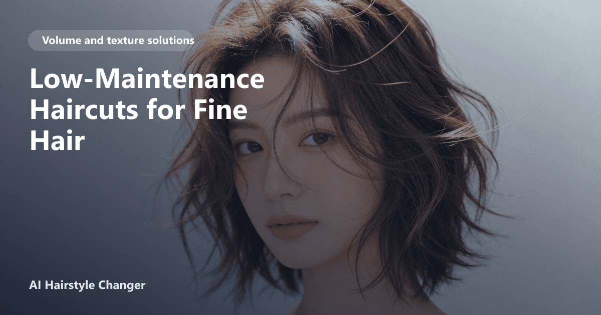 Volume-building haircut with lift at the crown and fuller ends, with "Low-Maintenance Haircuts for Fine Hair" title overlay.