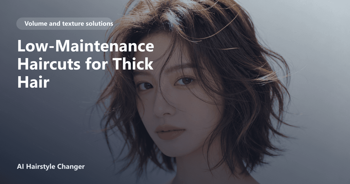 Volume-building haircut with lift at the crown and fuller ends, with "Low-Maintenance Haircuts for Thick Hair" title overlay.