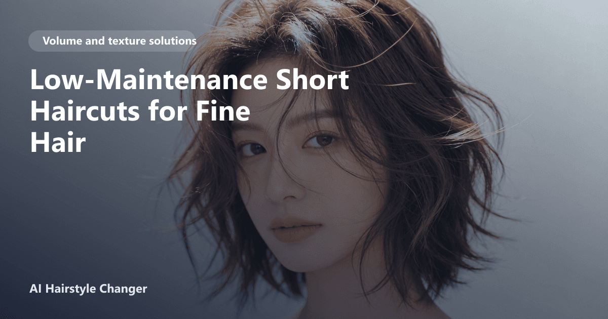 Woman with fine, chin-length textured bob and subtle layers, styled for volume; overlaid text reads 'Low-Maintenance Short Haircuts for Fine Hair'.