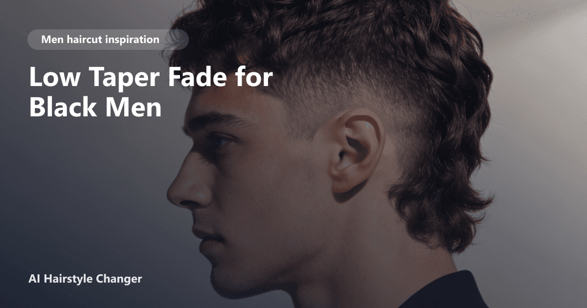 Black man with a sharp low taper fade haircut, crisp edges, and subtle blend, set against a clean background with the page title text overlay.