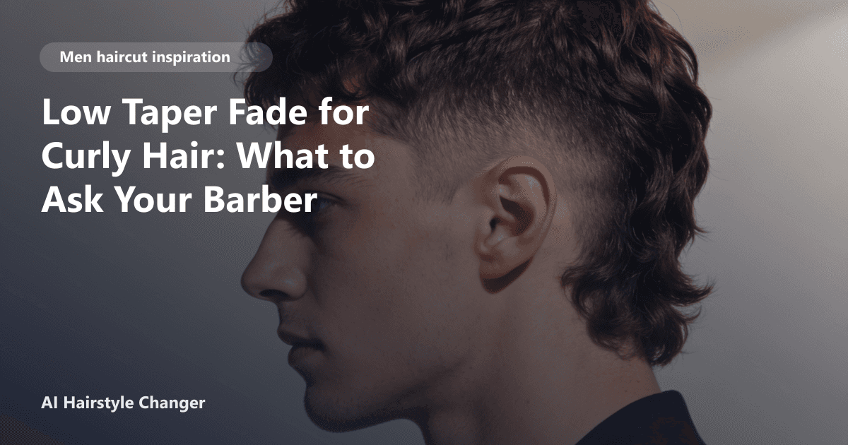 Modern men's haircut with defined shape, clean sides, and natural texture, with "Low Taper Fade for Curly Hair What to Ask Your Barber".