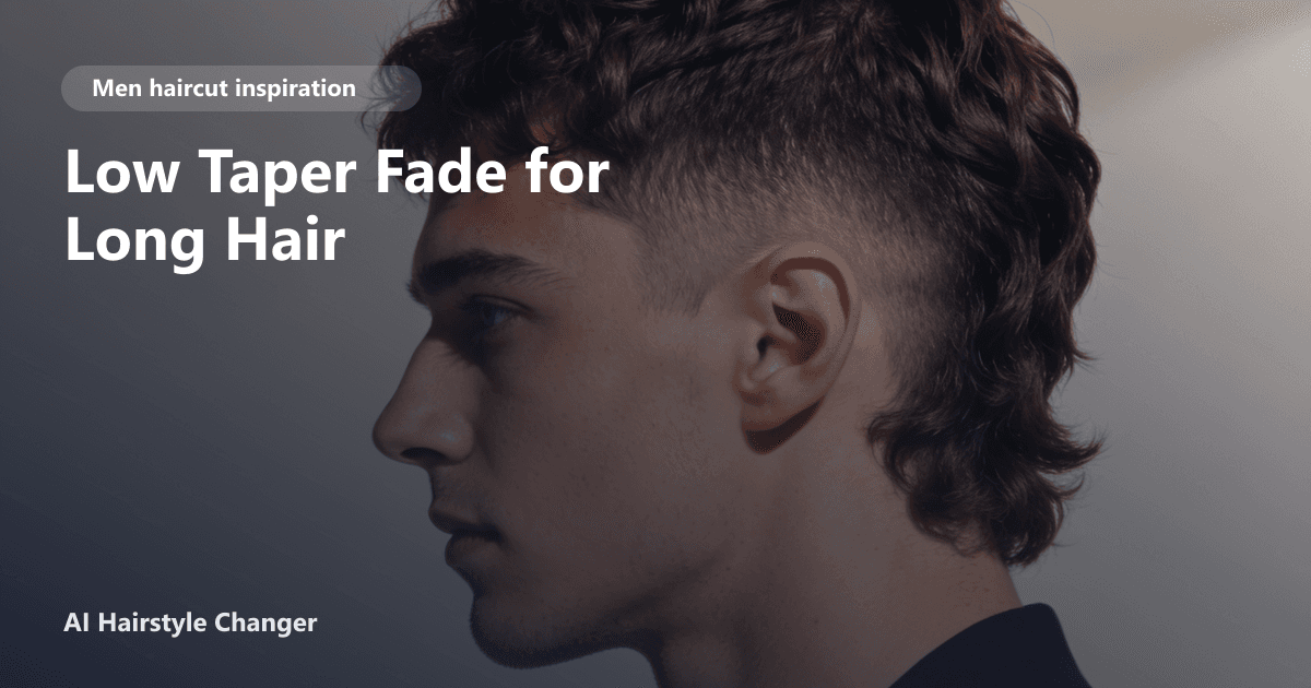 A man with long hair styled in a low taper fade, showing clean faded sides and longer textured top, with the page title text overlaid at the bottom.