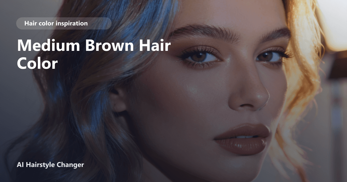 Close-up portrait with dimensional brown tones and "Medium Brown Hair Color" title overlay.