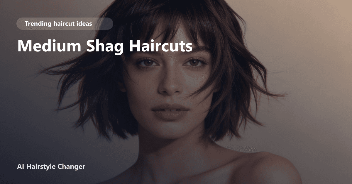 Trend-led haircut with visible layering, movement, and face-framing shape, with "Medium Shag Haircuts" title overlay.