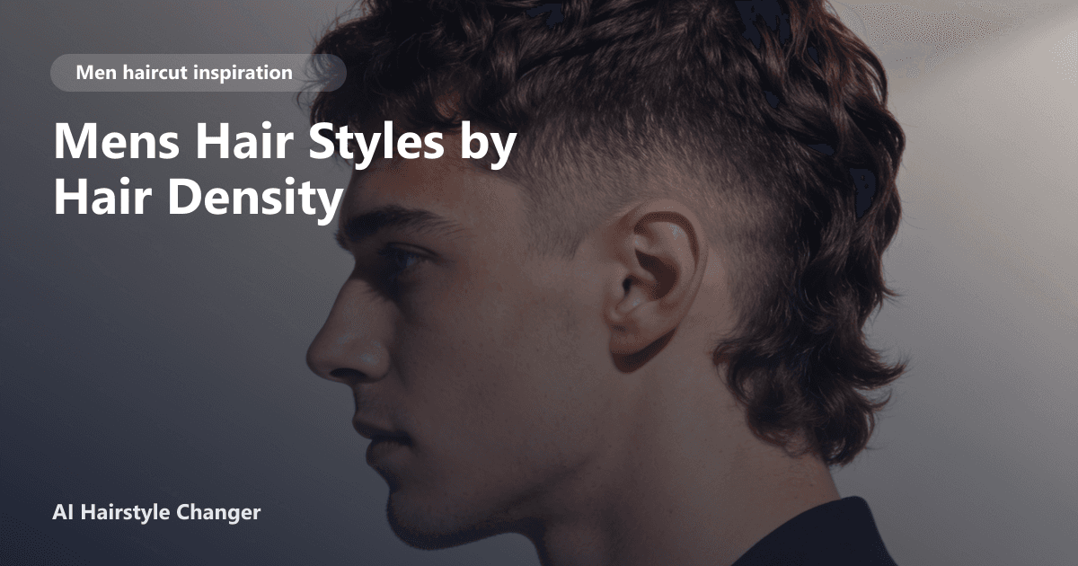 Modern men's haircut with defined shape, clean sides, and natural texture, with "Mens Hair Styles by Hair Density" title overlay.