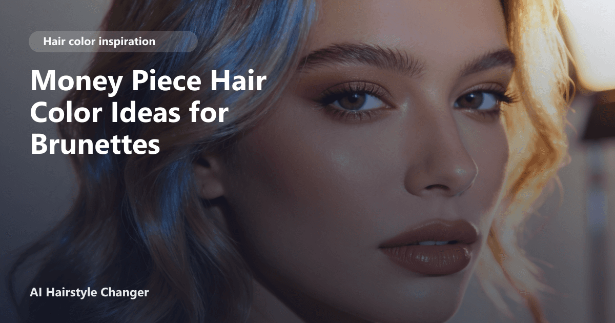 Close-up portrait with dimensional brown tones and "Money Piece Hair Color Ideas for Brunettes" title overlay.