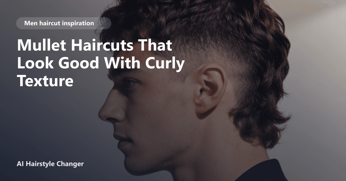 Young man with naturally curly hair styled in a modern mullet haircut, showing defined curls and a tapered fade at the sides.