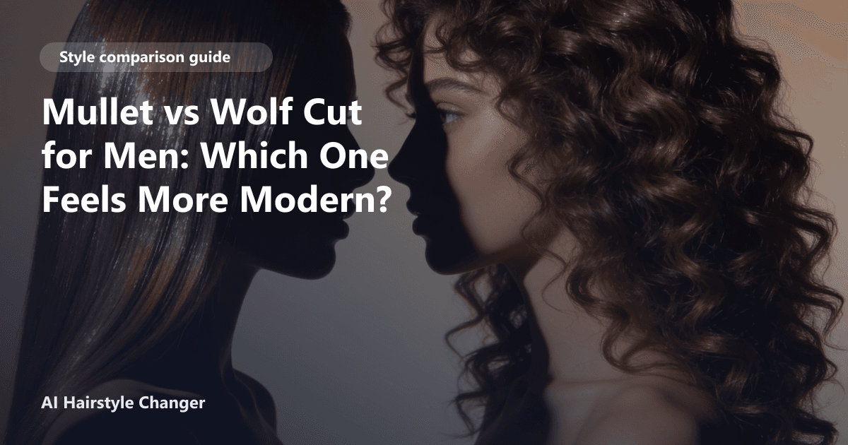 Side-by-side hairstyle comparison showing the shape difference between two haircut directions, with "Mullet vs Wolf Cut for Men Which One.