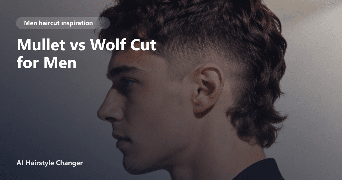 Side-by-side comparison of a man with a textured mullet and another with a layered wolf cut, highlighting the contrast in length and volume.