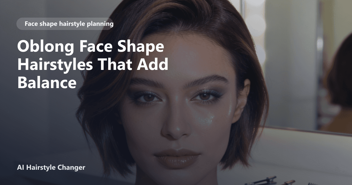 Side-by-side comparison of oblong face shape with flattering hairstyle adding width and balance