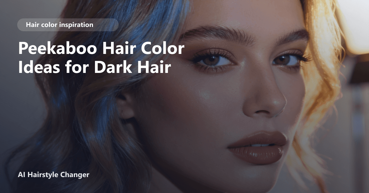 Close-up portrait with dimensional multi-tonal hair color and "Peekaboo Hair Color Ideas for Dark Hair" title overlay.